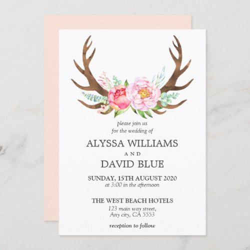 Deer Antlers Boho Floral Watercolor Pink Wedding Invitation