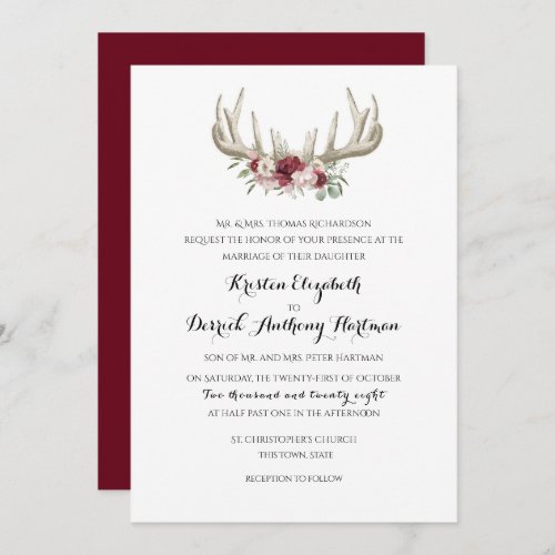 Deer Antlers Burgundy Floral Wedding Invitation
