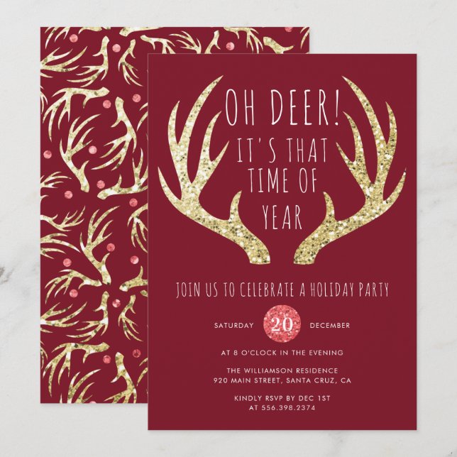 Deer Antlers Christmas Holiday Party Invitation (Front/Back)
