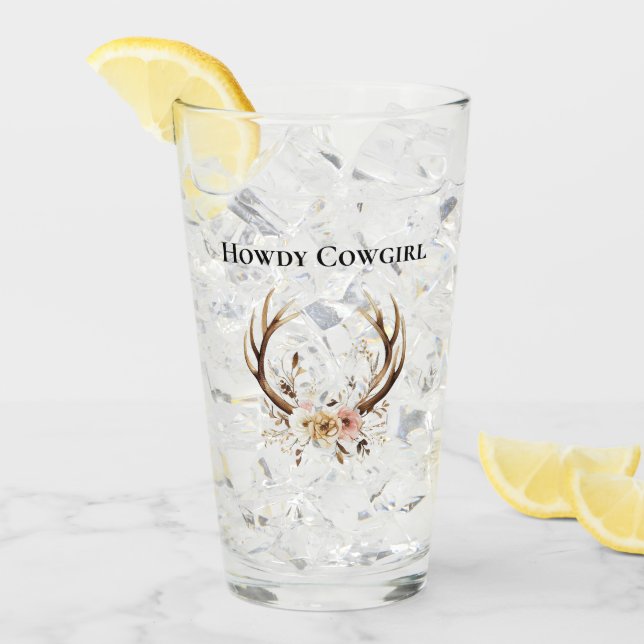 Deer Antlers Cowgirl Pink Floral Glass (Front Ice)
