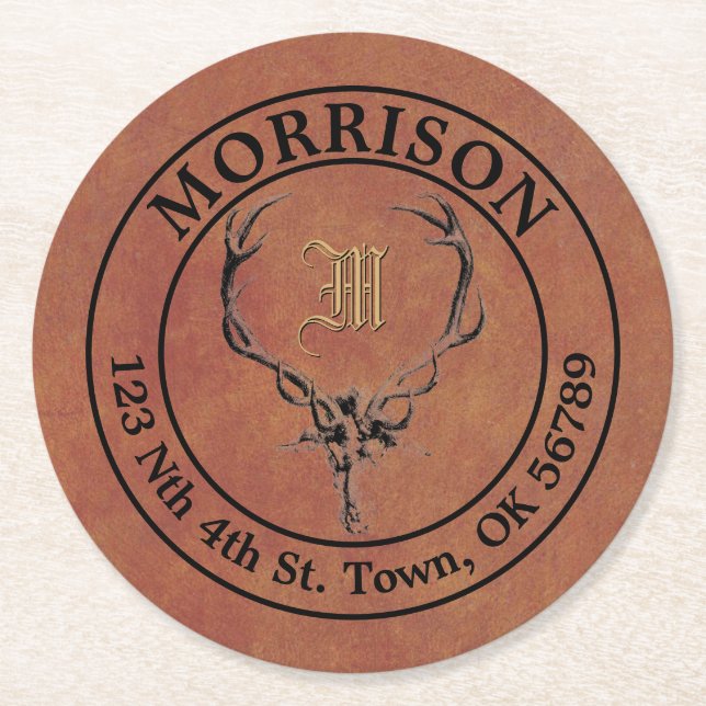 Deer Antlers Faux Leather Address Template Round Paper Coaster (Front)