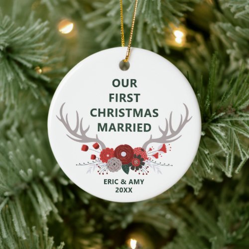 Deer Antlers First Christmas Married Personalized Ceramic Ornament
