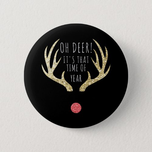 Deer Antlers Gold  Black Christmas Holiday Party Button