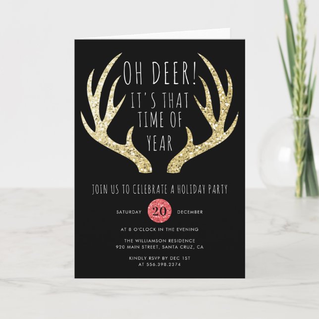 Deer Antlers Gold & Black Christmas Holiday Party Invitation (Front)