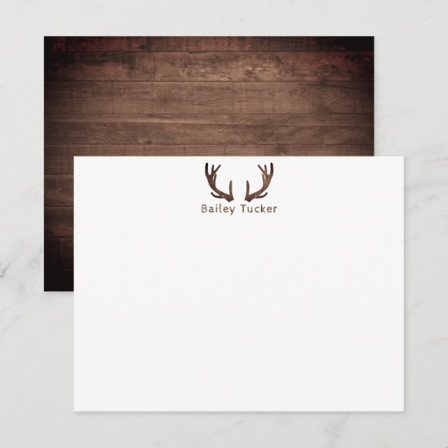 Deer Antlers Hunting Hunter Rustic Dark Wood Note Card (Front/Back)
