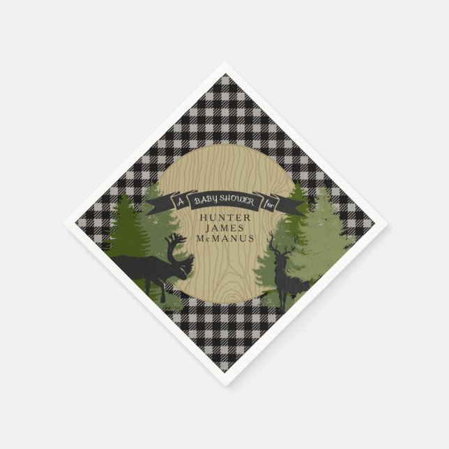 Deer Antlers Lumberjack Check Baby Boy Shower Napkins (Corner)