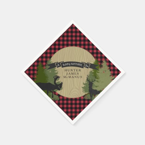 Deer Antlers Lumberjack Plaid Baby Boy Shower Napkins