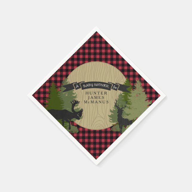 Deer Antlers Lumberjack Plaid Baby Boy Shower Napkins (Corner)