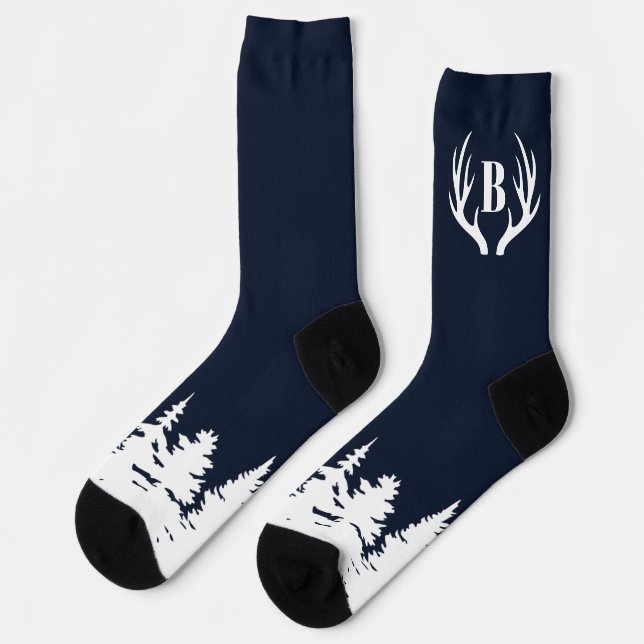 Deer Antlers Men's Crew Socks Blue and White (Left)