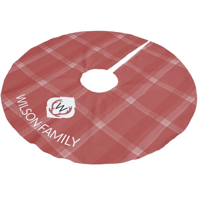 Deer Antlers Monogram Tartan Red Brushed Polyester Tree Skirt (Angled)
