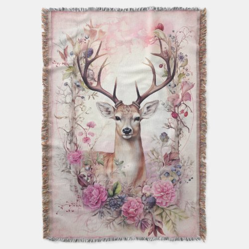 Deer Antlers Pink Flowers Woodsy Christmas Throw Blanket