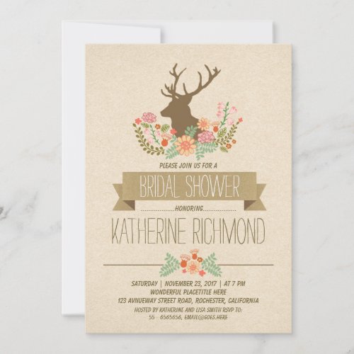 Deer antlers romantic rustic bridal shower invite