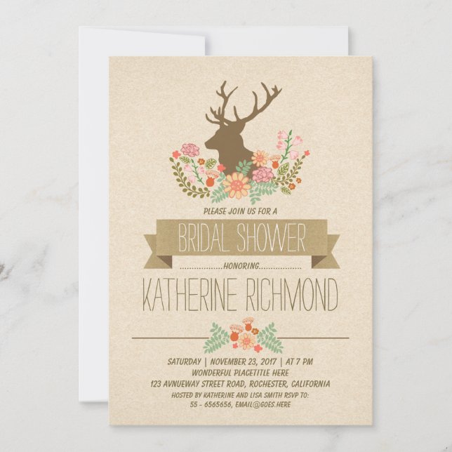 Deer antlers romantic rustic bridal shower invite (Front)