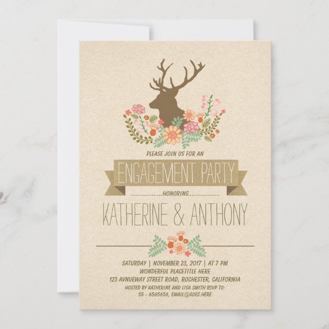 Deer antlers romantic rustic engagement party invitation (Front)