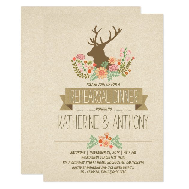 Deer Antlers Romantic Rustic Rehearsal Dinner Invitation