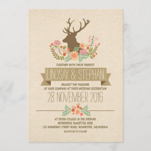 Deer antlers romantic rustic wedding invitations