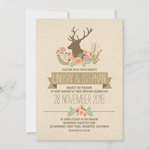 Deer antlers romantic rustic wedding invitations