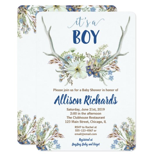 Deer antlers rustic baby shower invitation for boy