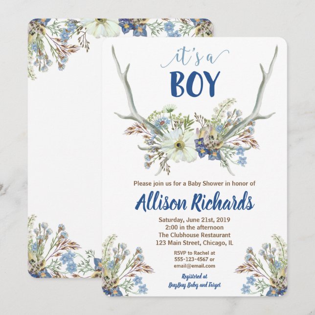 Deer antlers rustic baby shower invitation for boy (Front/Back)