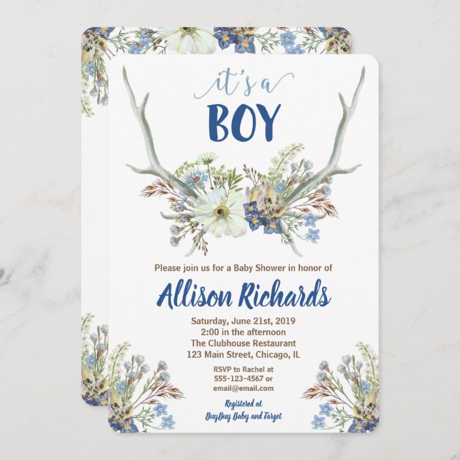 Deer antlers rustic baby shower invitation for boy (Front/Back)