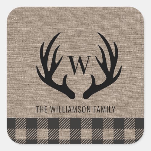 Deer Antlers Rustic Burlap Family Name  Square Sticker