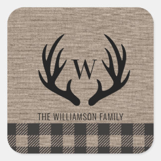 Deer Antlers Rustic Burlap Family Name Square Sticker