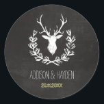 Deer Antlers | Rustic Chalkboard Envelope Seal<br><div class="desc">Chalkboard sticker with a deer drawn inside a wreath. With your names and wedding date. Perfect as an envelope seal.</div>