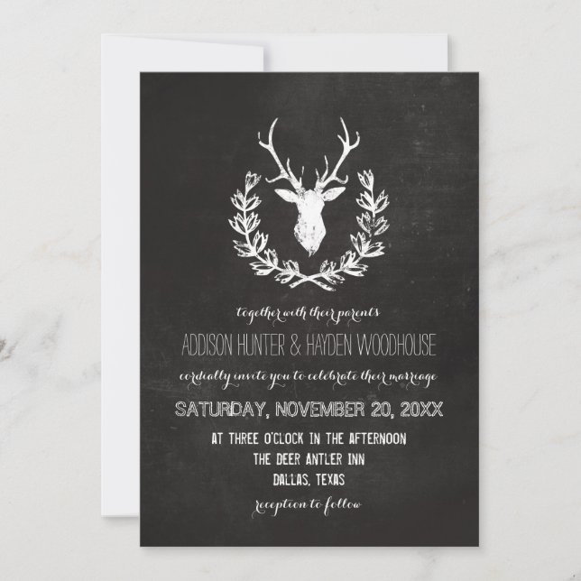 Deer Antlers Rustic Chalkboard Wedding Invitation (Front)