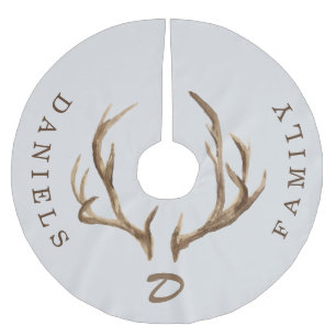 Deer antlers rustic monogrammed family name grey brushed polyester tree skirt