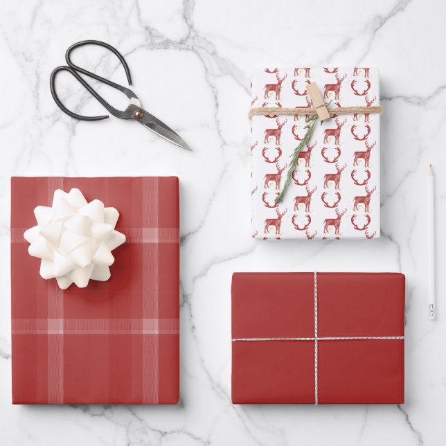 Deer Antlers Rustic Tartan Red Wrapping Paper Sheets (Front)