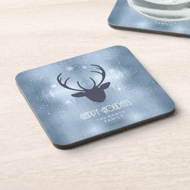 Deer Antlers Silhouette & Snowflakes Blue ID861 Beverage Coaster (Left Side)
