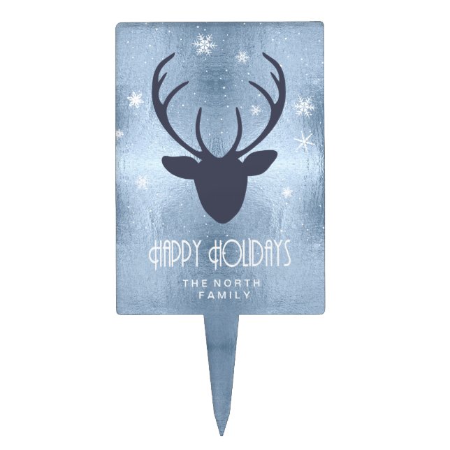 Deer Antlers Silhouette & Snowflakes Blue ID861 Cake Topper (Front)