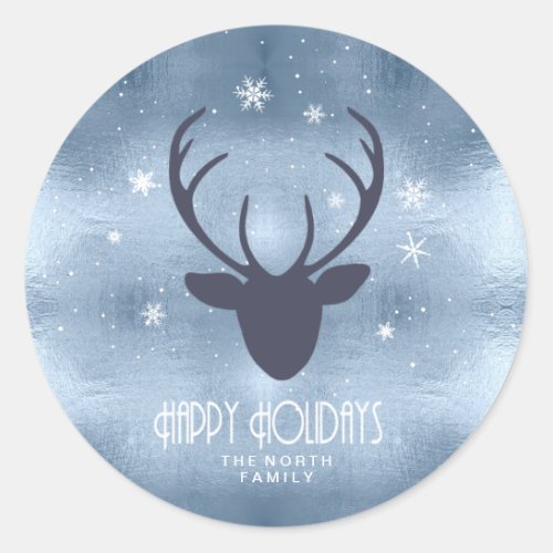 Deer Antlers Silhouette  Snowflakes Blue ID861 Classic Round Sticker