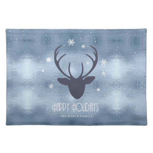 Deer Antlers Silhouette  Snowflakes Blue ID861 Cloth Placemat