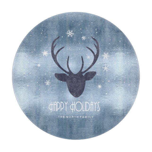 Deer Antlers Silhouette & Snowflakes Blue ID861 Cutting Board (Front)
