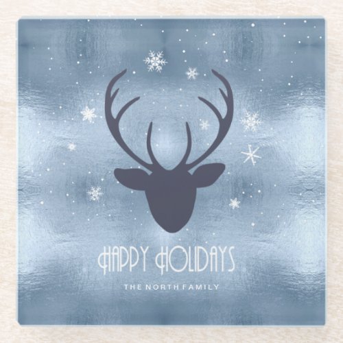 Deer Antlers Silhouette  Snowflakes Blue ID861 Glass Coaster