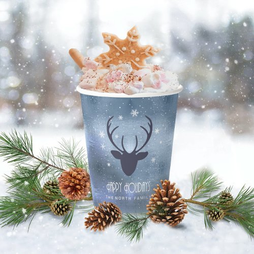 Deer Antlers Silhouette  Snowflakes Blue ID861 Paper Cups