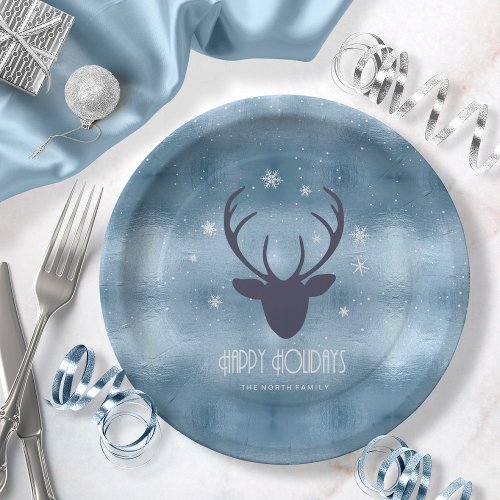 Deer Antlers Silhouette  Snowflakes Blue ID861 Paper Plates