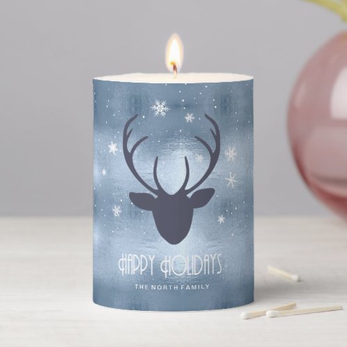 Deer Antlers Silhouette  Snowflakes Blue ID861 Pillar Candle
