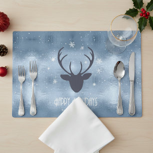 Deer Antlers Silhouette & Snowflakes Blue ID861 Placemat