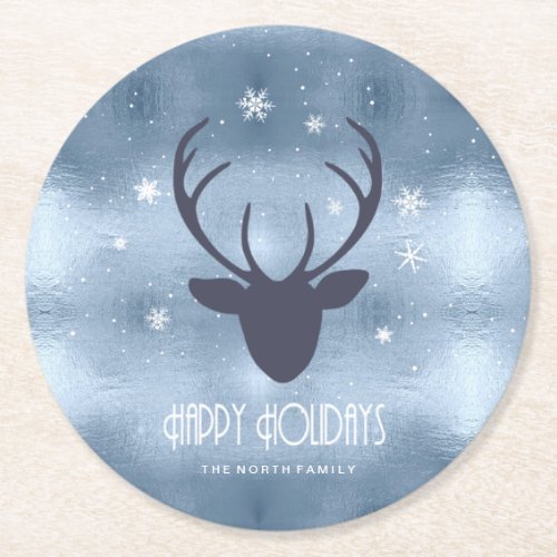 Deer Antlers Silhouette  Snowflakes Blue ID861 Round Paper Coaster