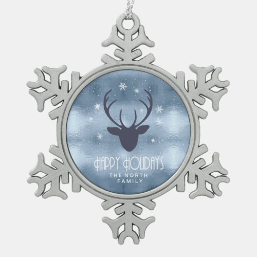 Deer Antlers Silhouette  Snowflakes Blue ID861 Snowflake Pewter Christmas Ornament