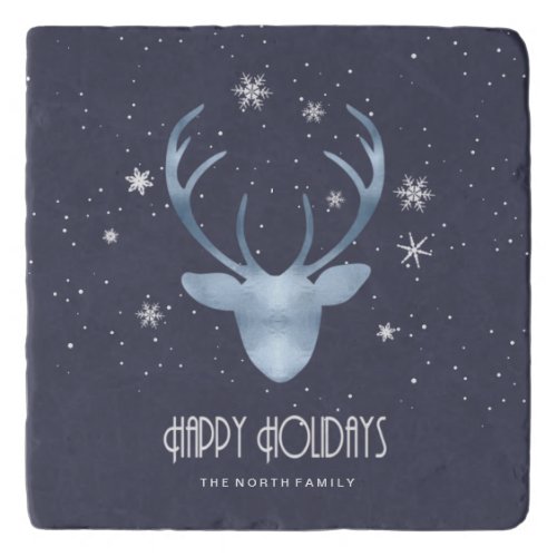 Deer Antlers Silhouette  Snowflakes Blue ID861 Trivet