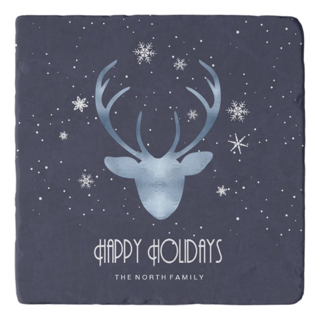 Deer Antlers Silhouette & Snowflakes Blue ID861 Trivet (Front)