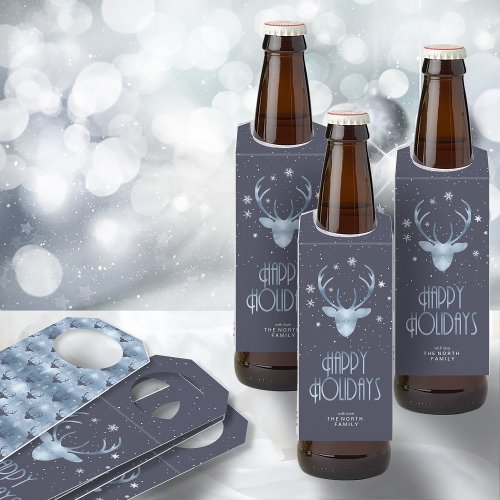 Deer Antlers Silhouette  Snowflakes Blue ID863 Bottle Hanger Tag