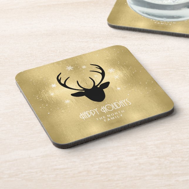 Deer Antlers Silhouette & Snowflakes Gold ID861  Beverage Coaster (Left Side)