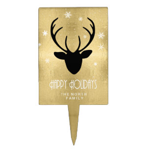 Deer Antlers Silhouette & Snowflakes Gold ID861 Cake Topper