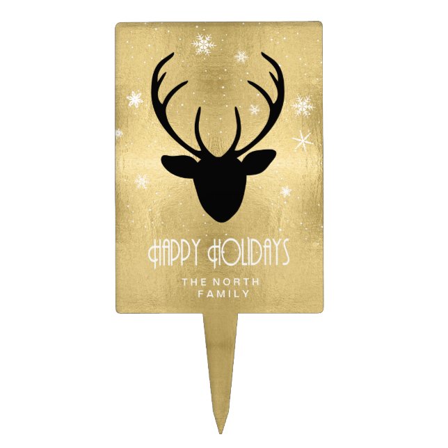 Deer Antlers Silhouette & Snowflakes Gold ID861 Cake Topper (Front)