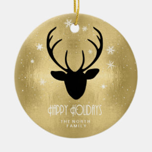 Deer Antlers Silhouette & Snowflakes Gold ID861 Ceramic Ornament