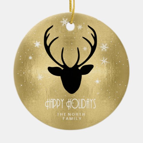 Deer Antlers Silhouette  Snowflakes Gold ID861 Ceramic Ornament